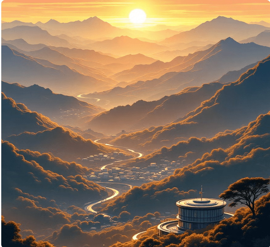 Sunrise over mountains with a winding river