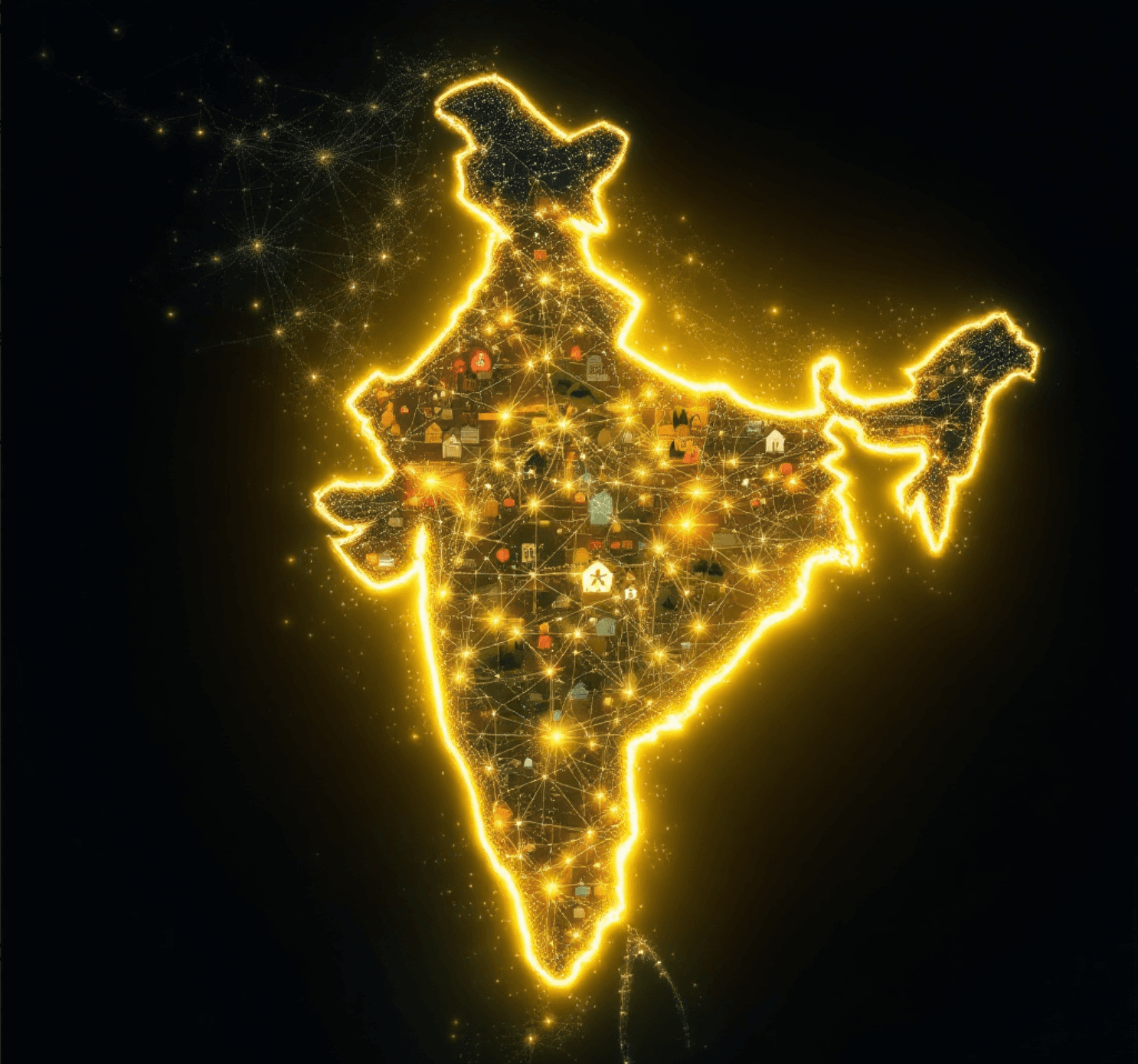 Glowing map of India representing a flourishing, connected future